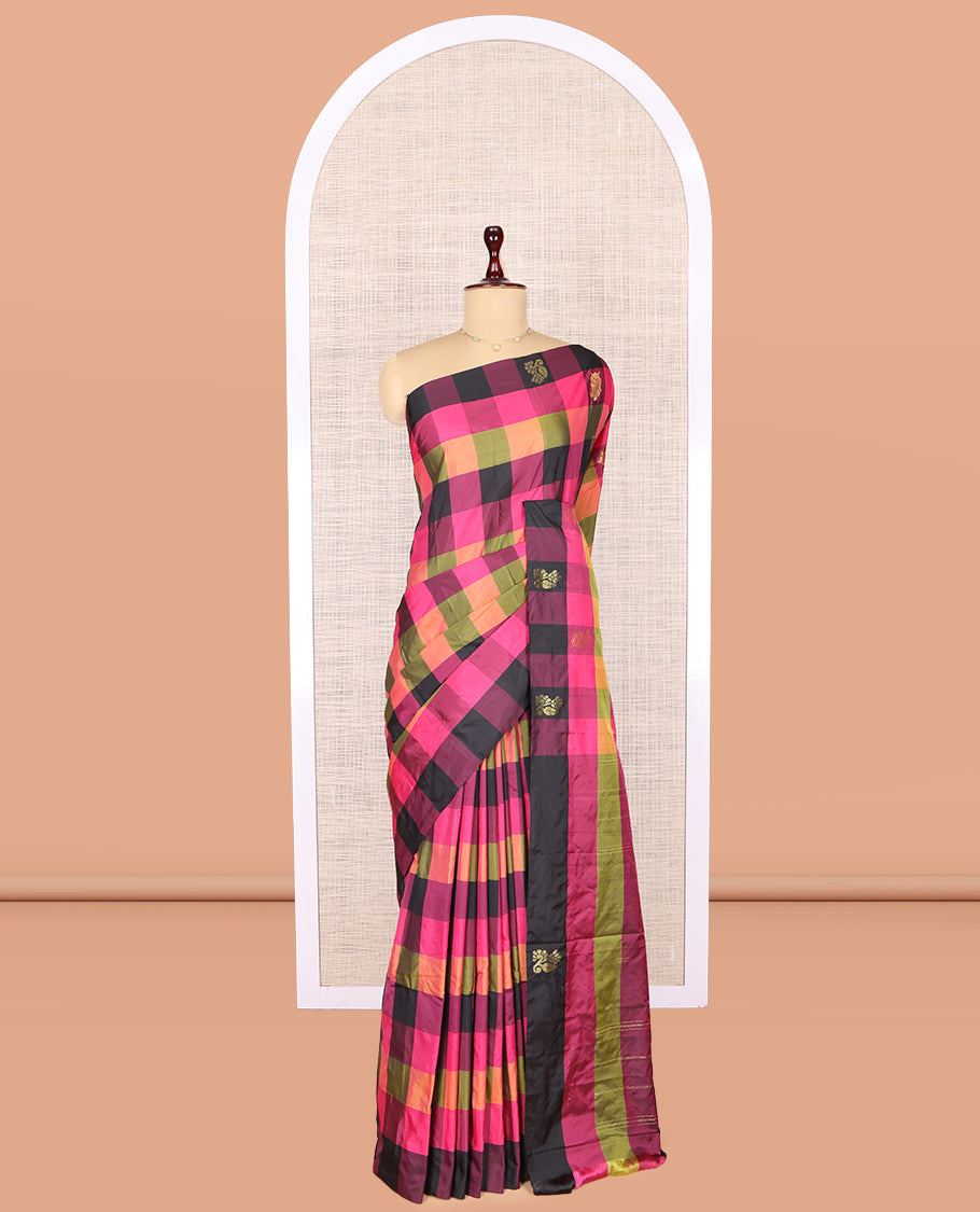 Borderless Multi-Color Checked Arani Saree, Adorned with Zari Buttas, a Pallu of Zari Stripes, and a Matching Blouse