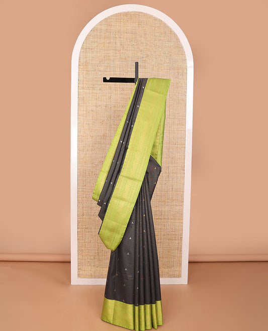Green striped, triangle design gift saree with contrast zari design & floral design pallu