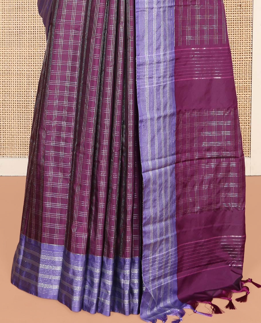 Purple Aarani Silk Saree, Woven with Checked Design on Its Body, Complemented by a Contrast Striped Border, Pallu of Checked Design, and Paired with a Matching Blouse