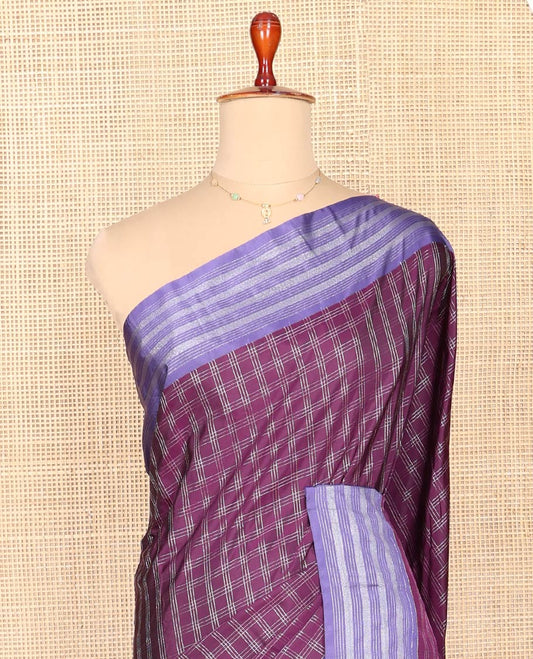 Purple Aarani Silk Saree, Woven with Checked Design on Its Body, Complemented by a Contrast Striped Border, Pallu of Checked Design, and Paired with a Matching Blouse