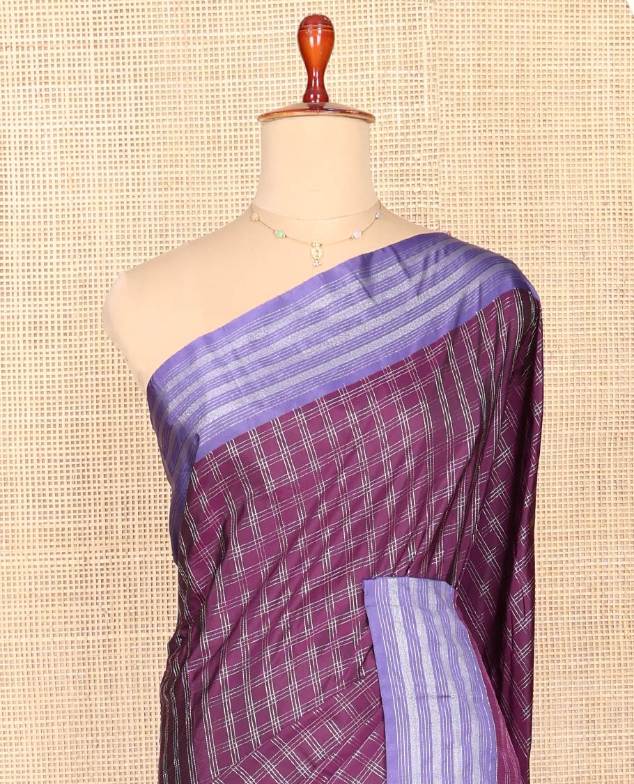Purple Aarani Silk Saree, Woven with Checked Design on Its Body, Complemented by a Contrast Striped Border, Pallu of Checked Design, and Paired with a Matching Blouse