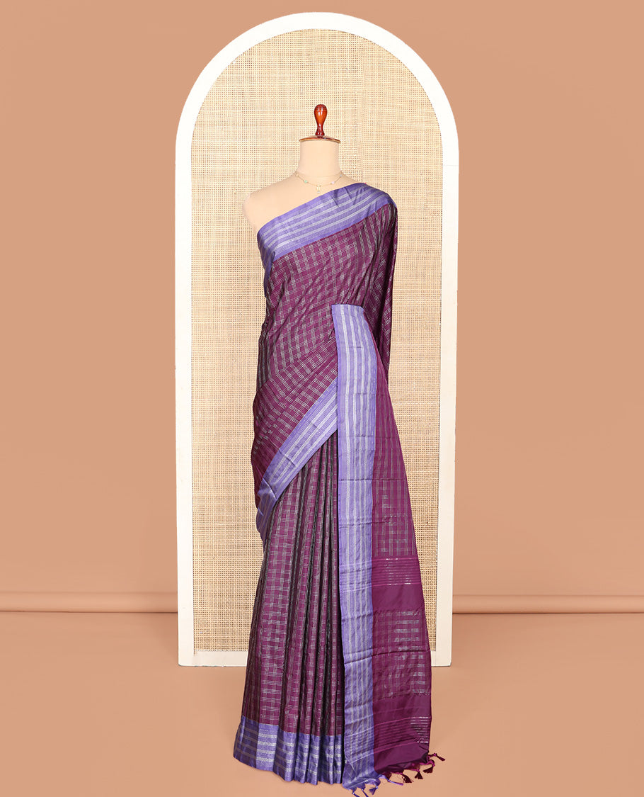 Purple Aarani Silk Saree, Woven with Checked Design on Its Body, Complemented by a Contrast Striped Border, Pallu of Checked Design, and Paired with a Matching Blouse
