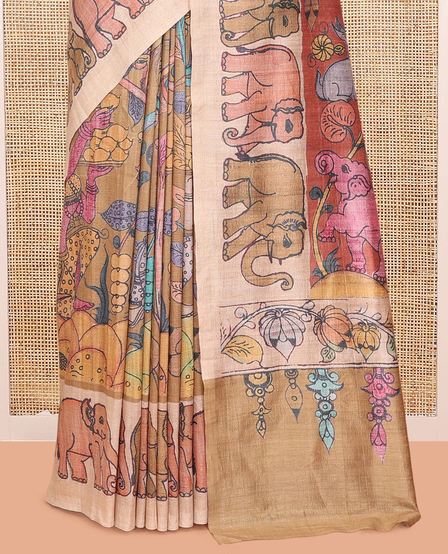 Brown Fancy Tussar Saree Features Kalamkari Floral and Animal Print, Contrast Elephant Border, Kalamkari Pallu, and a Contrast Blouse