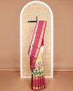 White floral design mysore silk saree with contrast temple, rudraksh design border & striped pallu