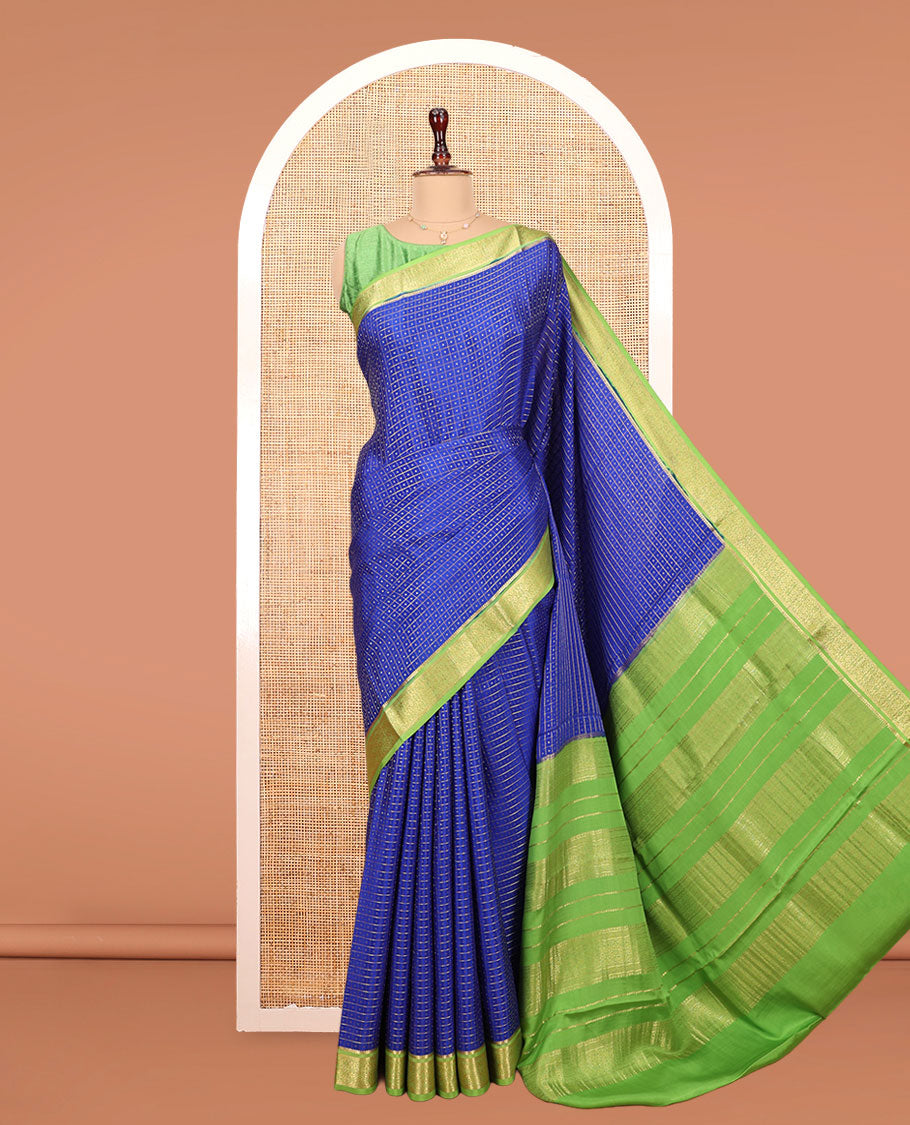 Blue Mysore Silk Saree, Elevated with Zari Butta Enclosed Checked Design on Its Body, Complemented by a Contrast Zari Border, Pallu Features Zari Designs, and Paired with a Contrast Blouse