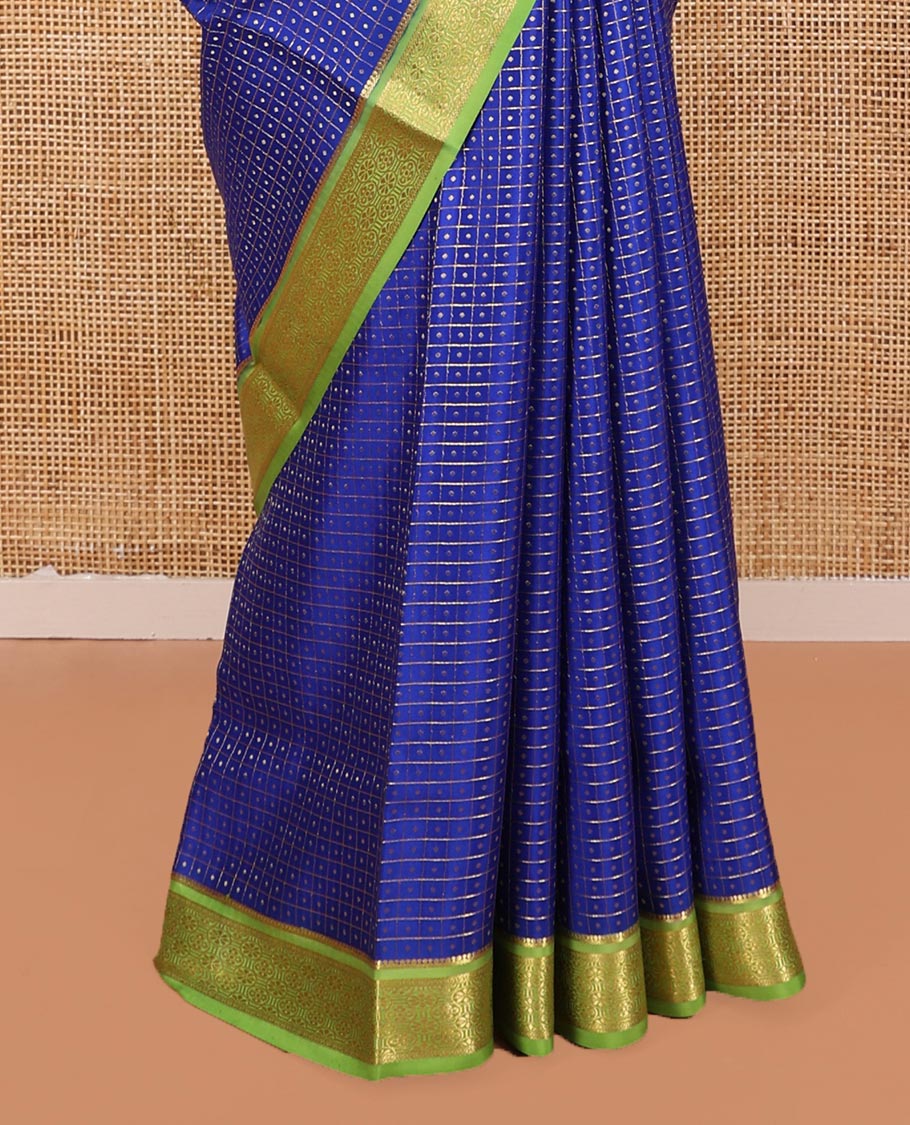 Blue Mysore Silk Saree, Elevated with Zari Butta Enclosed Checked Design on Its Body, Complemented by a Contrast Zari Border, Pallu Features Zari Designs, and Paired with a Contrast Blouse