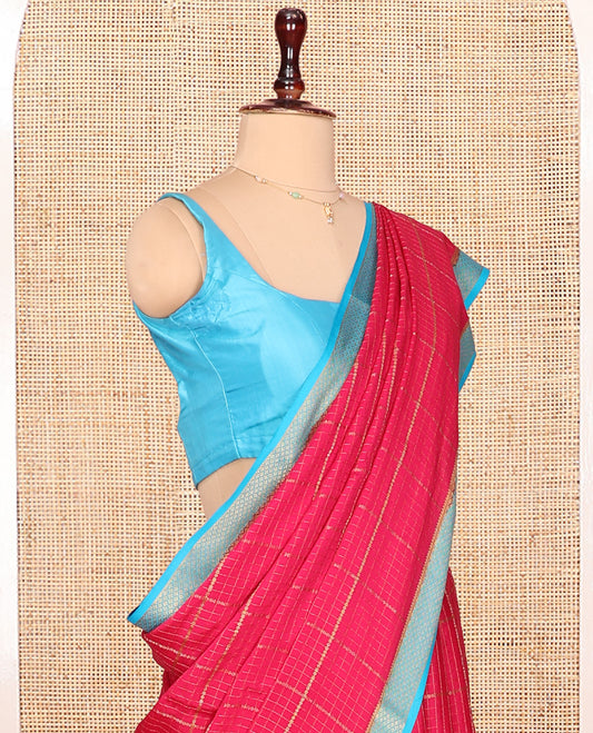 Red Mysore Silk Saree, Gleamed with Zari Checked Design On Its Body, Complemented by Captivating Contrast Traditional Zari Designs Woven Border, Subtly Zari Striped Pallu, and Paired with a Contrast Blouse