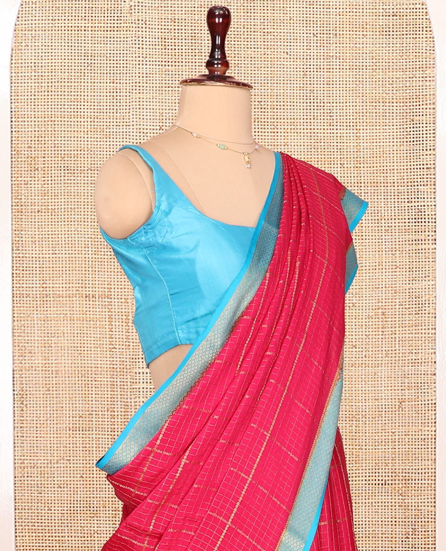 Red Mysore Silk Saree, Gleamed with Zari Checked Design On Its Body, Complemented by Captivating Contrast Traditional Zari Designs Woven Border, Subtly Zari Striped Pallu, and Paired with a Contrast Blouse