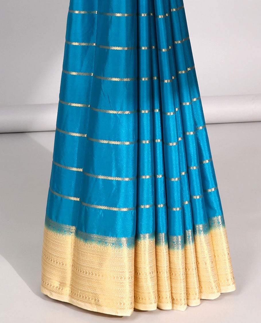 Blue striped design  mysore silk saree with contrast intricate zari border & human, animal , floral design pallu