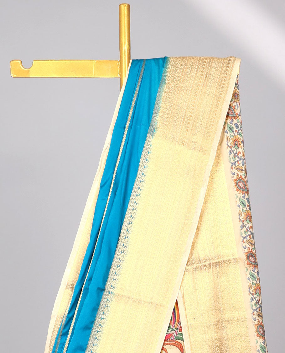 Blue striped design  mysore silk saree with contrast intricate zari border & human, animal , floral design pallu