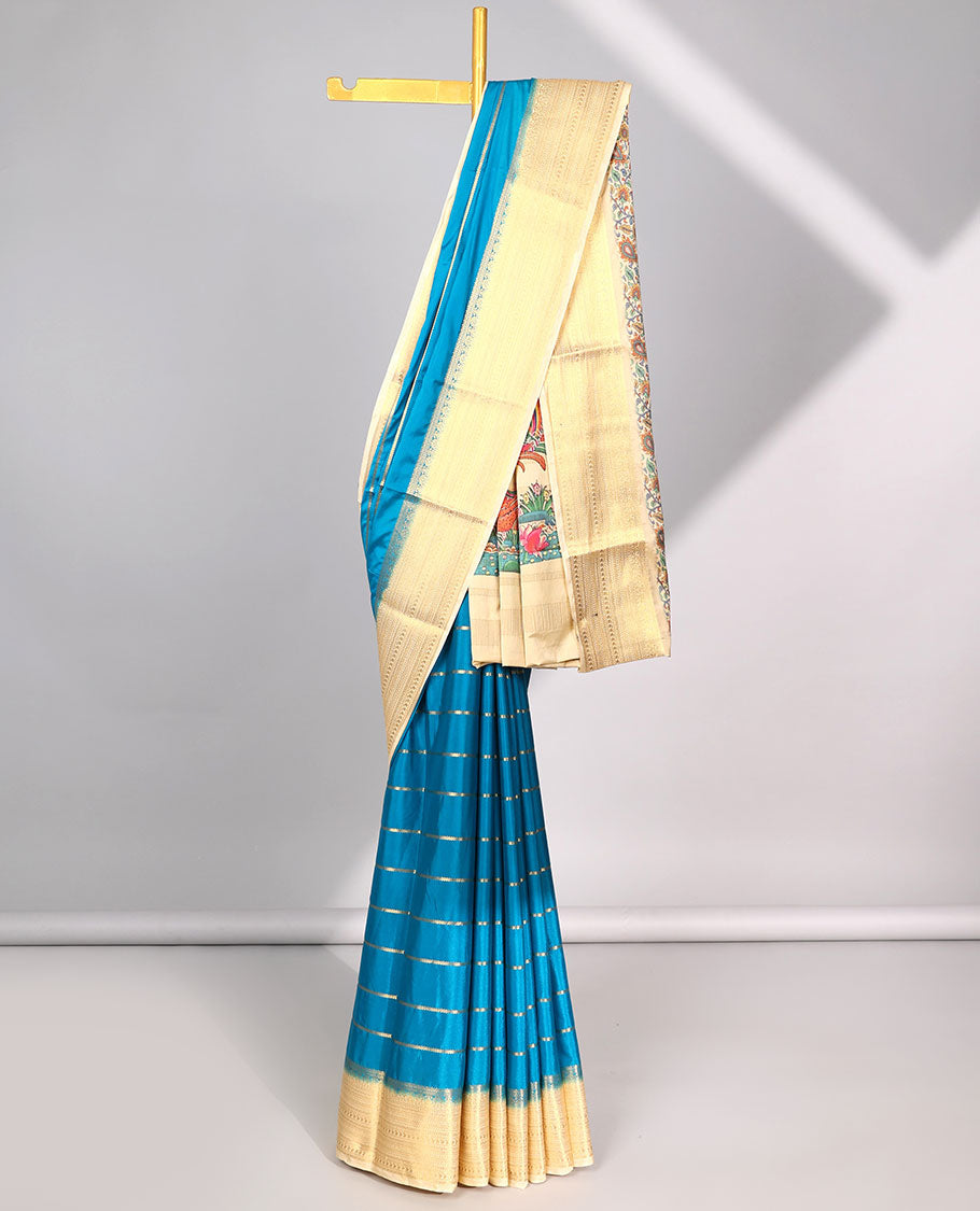 Blue striped design  mysore silk saree with contrast intricate zari border & human, animal , floral design pallu