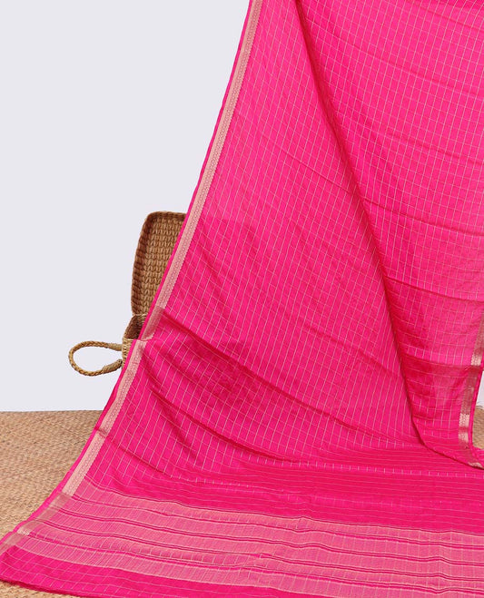 Pink checked art mysore silk saree with self zari border & striped zari pallu