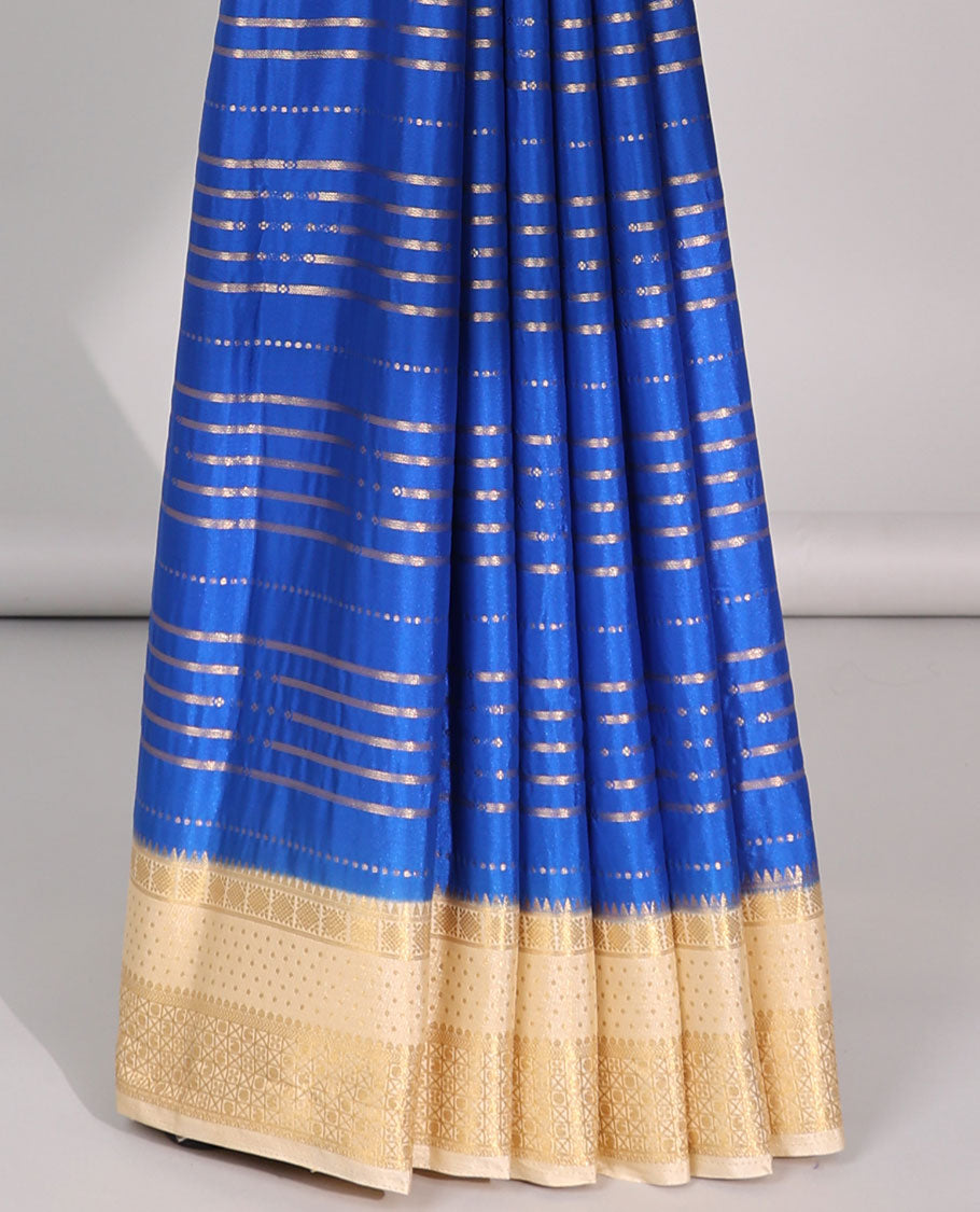 Blue striped mysore silk saree with contrast zari design border & pichwai theme design pallu