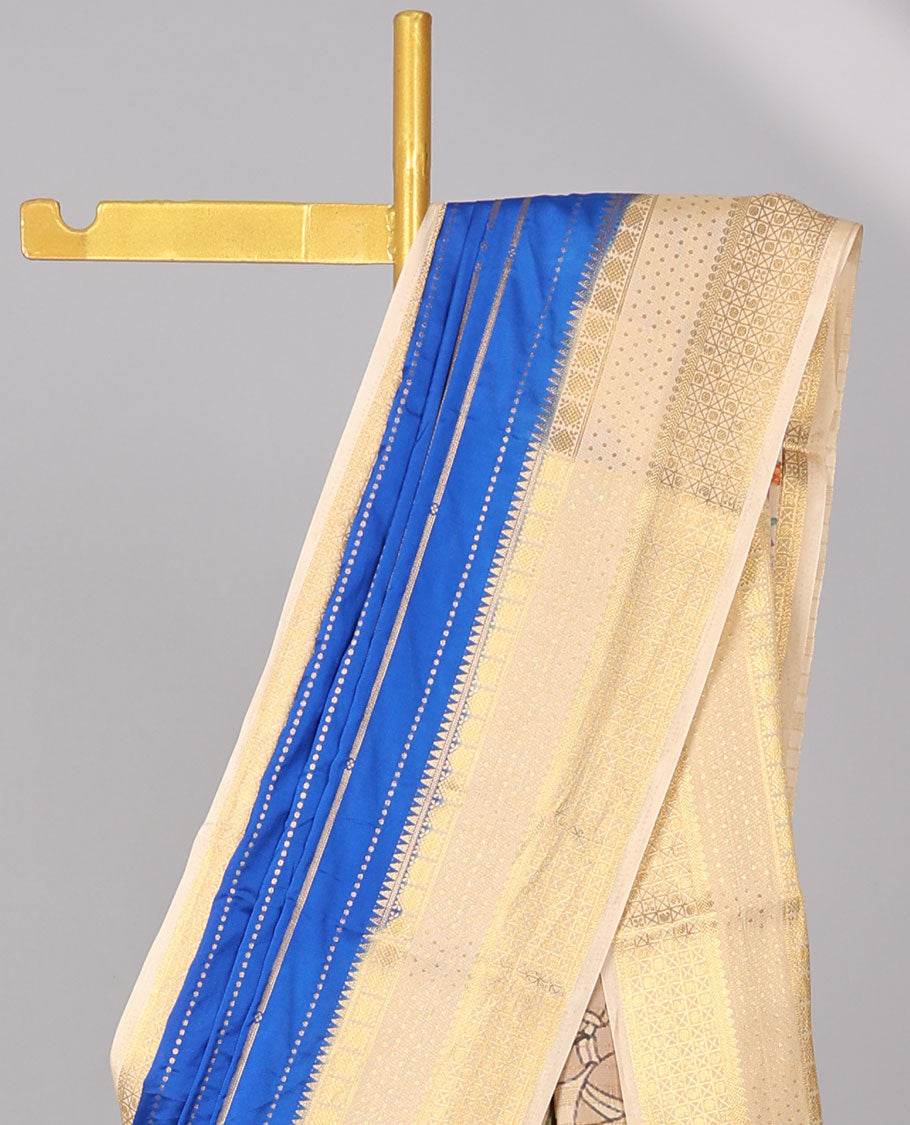 Blue striped mysore silk saree with contrast zari design border & pichwai theme design pallu