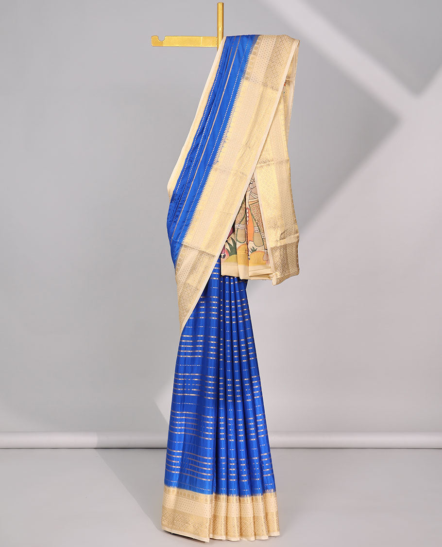 Blue striped mysore silk saree with contrast zari design border & pichwai theme design pallu