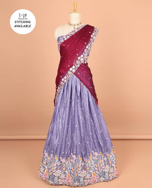 Lavender floral motifs thread embroidery half saree with floral embroidery border , floral motifs blouse & floral embroidery scallop border dhavani