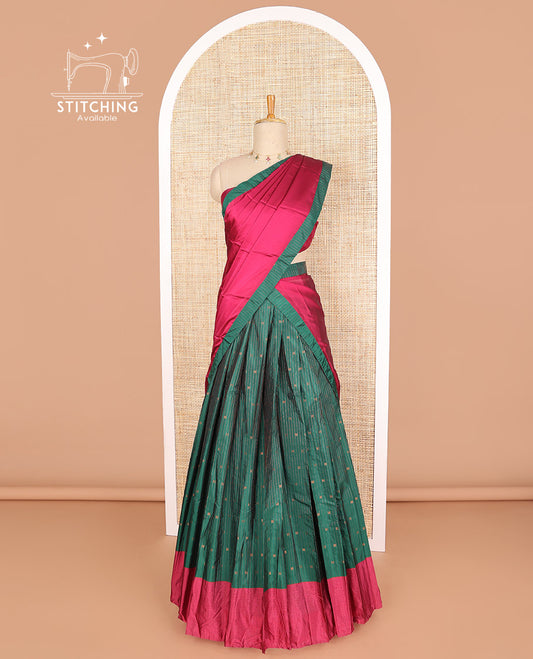 Dark green striped, buttas poly-cotton half saree with contrast border, plain blouse & plain, striped border dhavani