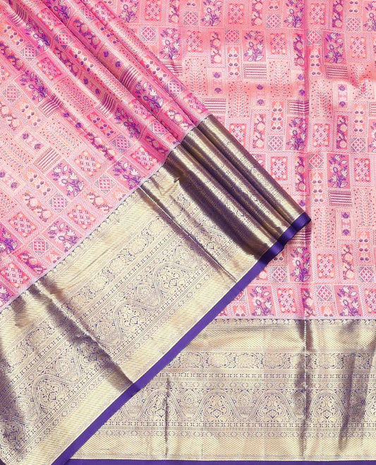 Pink Art Silk Material Half Saree Set, Embellished with Jacquard Design Skirt, a Contrast Traditional Zari Design Border, Contrast Zari-Jacquard Blouse, and a Dhavani of Paisley Designs