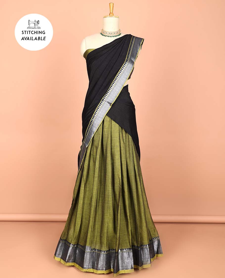 Green cotton half saree with contrast zari border, plain blouse & plain with zari border dhavani