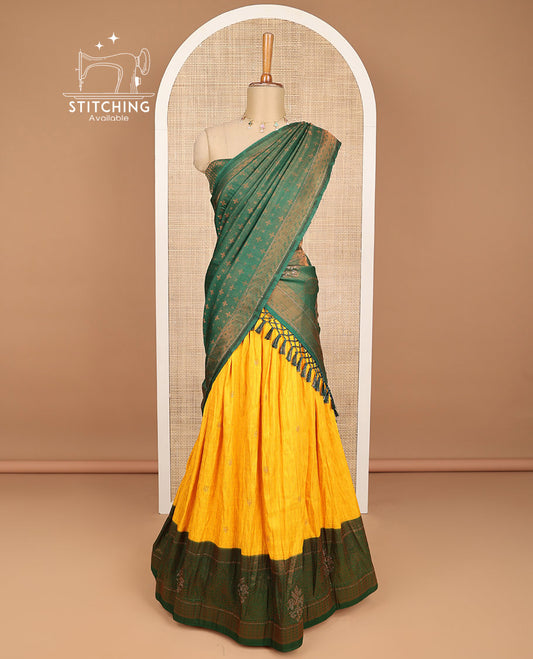 Yellow floral buttas Banaras half saree with zari design blouse & floral zari design dhavani