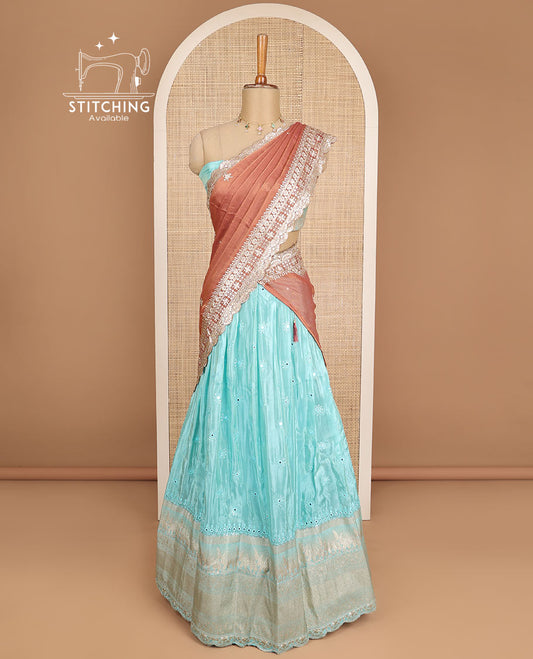 Blue floral embroidery half saree with zari design blouse & floral embroidery dhavani