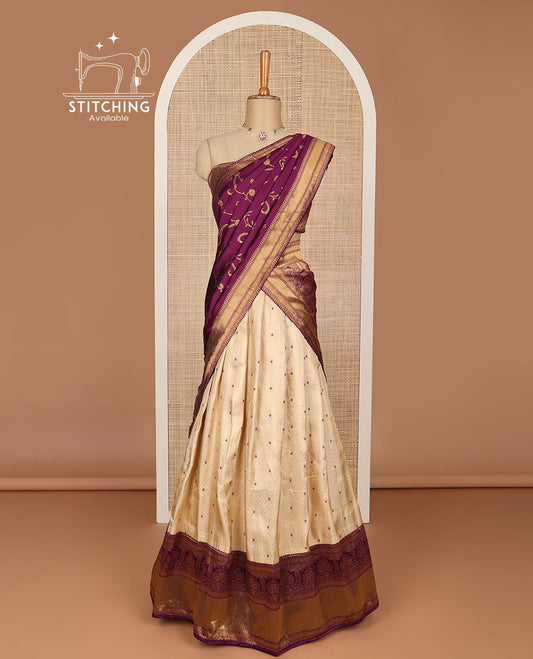Sandal buttas banaras half saree with contrast traditional zari design border, zari design blouse & floral vine design dhavani