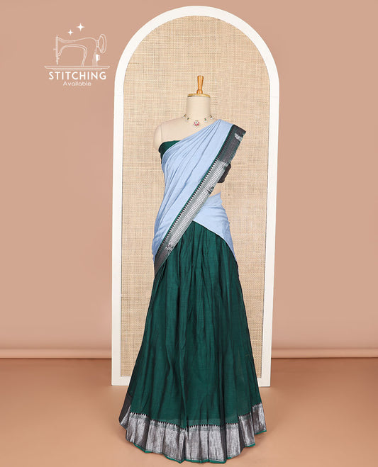 Dark green cotton half saree with contrast zari design border, zari design blouse & plain, zari design border dhavani