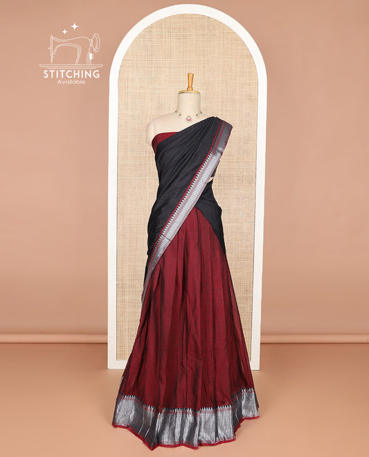 Red cotton half saree with contrast zari design border, zari design blouse & plain, zari design border dhavani