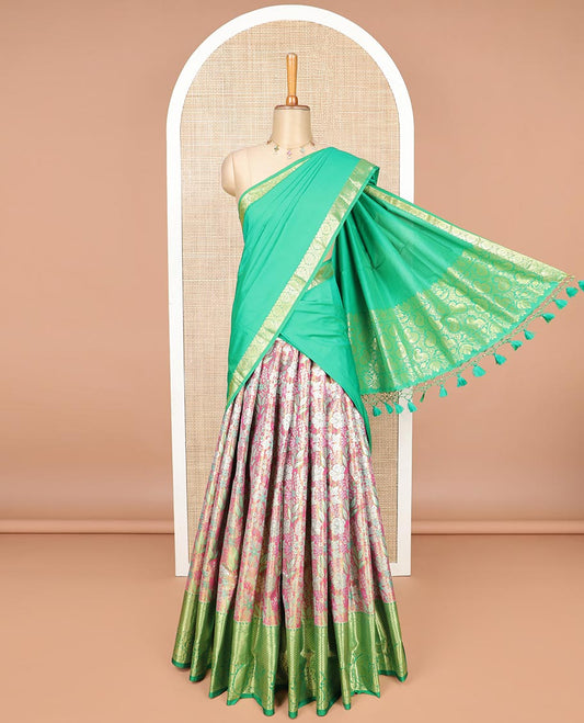 Pink floral jacquard art silk half saree with zari design border, zari design blouse plain, floral design dhavani