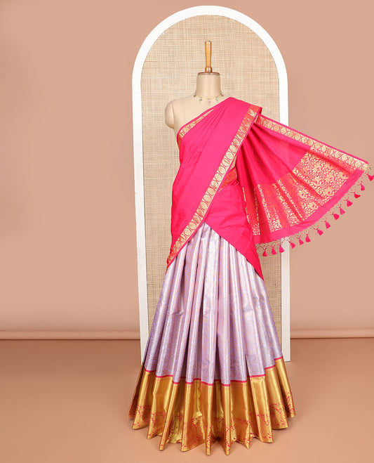 Lavender floral jacquard design art silk half saree with intricate zari design border, zari design blouse &  floral design dhavani