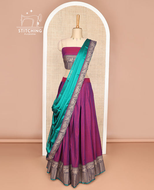 Purple cotton half saree with contrast elephant design border,elephant design blouse & elephant design border dhavani
