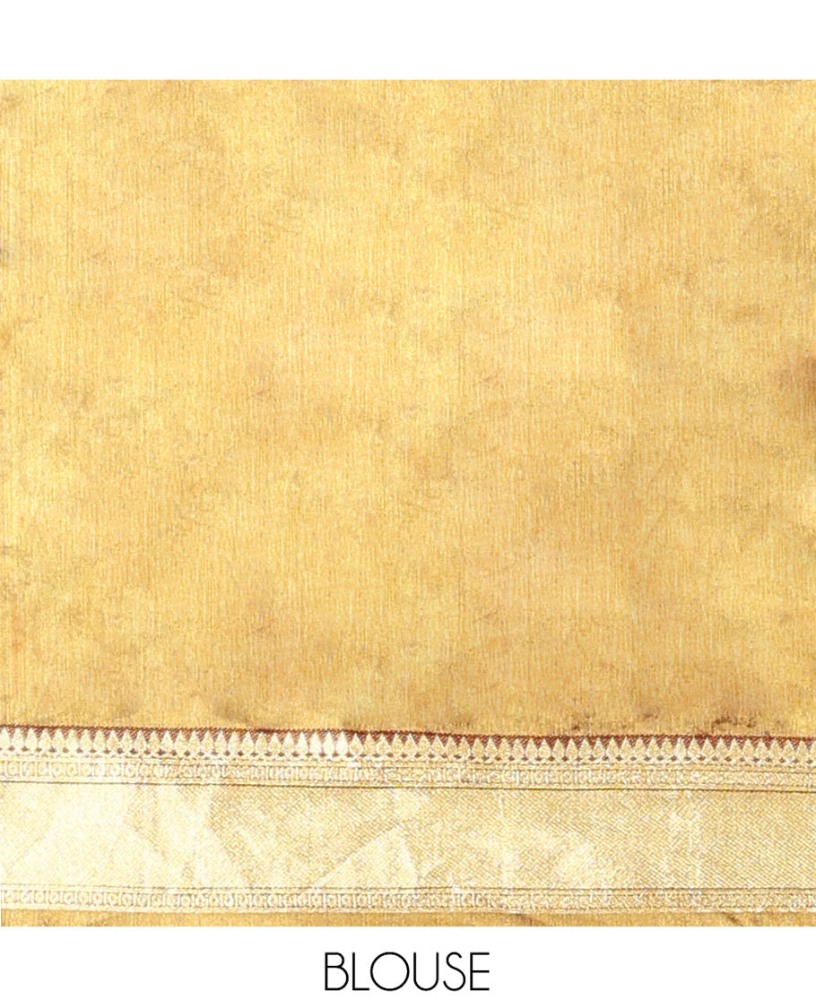 Gold Art Silk Half-Saree Featuring Plain Skirt, Adorned with a Contrast Traditional Zari Design Border, Paired with a Matching Blouse, and Contrast Stone Work Scallop-Bordered Dhavani