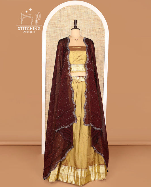 Gold Art Silk Half-Saree Featuring Plain Skirt, Adorned with a Contrast Traditional Zari Design Border, Paired with a Matching Blouse, and Contrast Stone Work Scallop-Bordered Dhavani