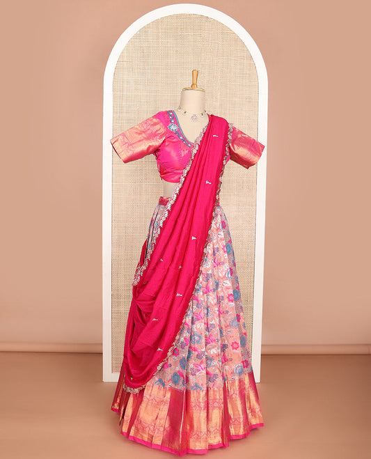 Baby pink floral art silk half saree with contrast zari design border, embroidered blouse & floral embroidery dhavani