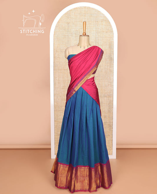 Ink blue cotton half saree with contrast zari design border, zari design blouse & plain , zari design border dhavani