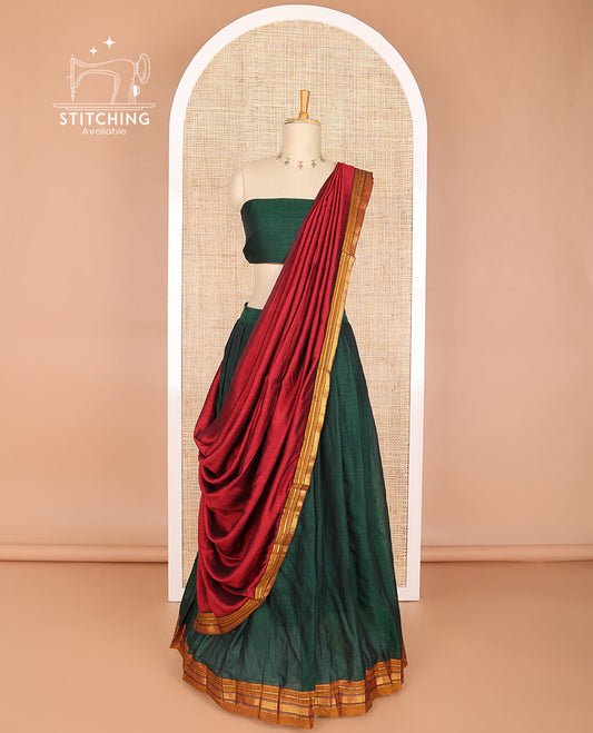 Dark green cotton half saree with contrast zari design border, zari design blouse & zari design border dhavani