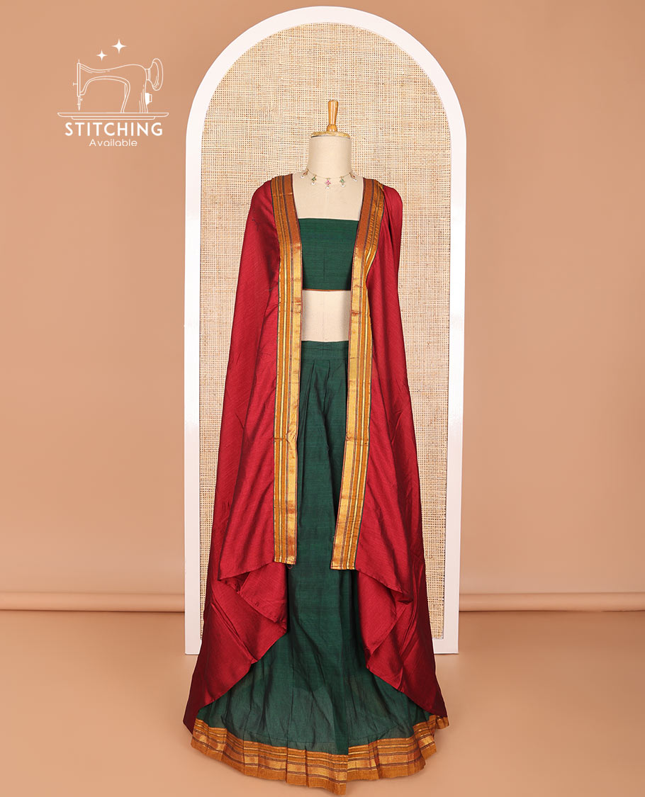 Dark green cotton half saree with contrast zari design border, zari design blouse & zari design border dhavani
