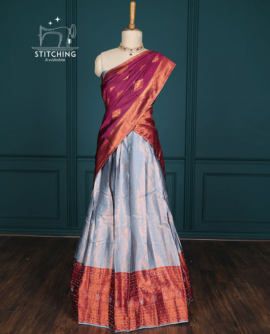 Blue jacquard artsilk half saree,contrast traditional design zari stone work border, blouse & contrast intricate dhavani