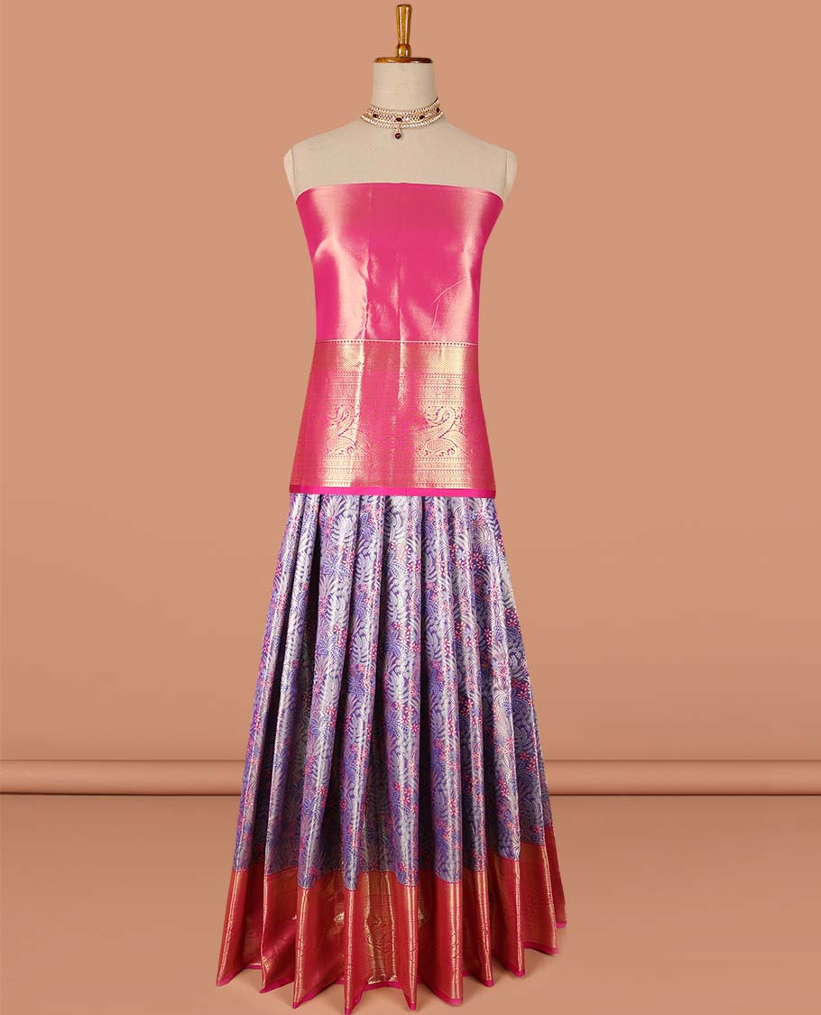 Lavender floral vine design art-silk half saree, contrast traditional zari border,zari design blouse & intricate dhavani