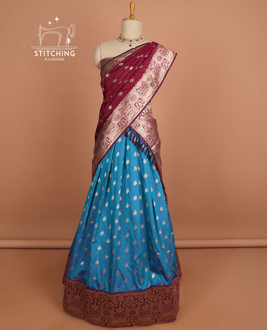Turquoise buttas half sare with contrast zari border, zari design blouse & floral design dhavani