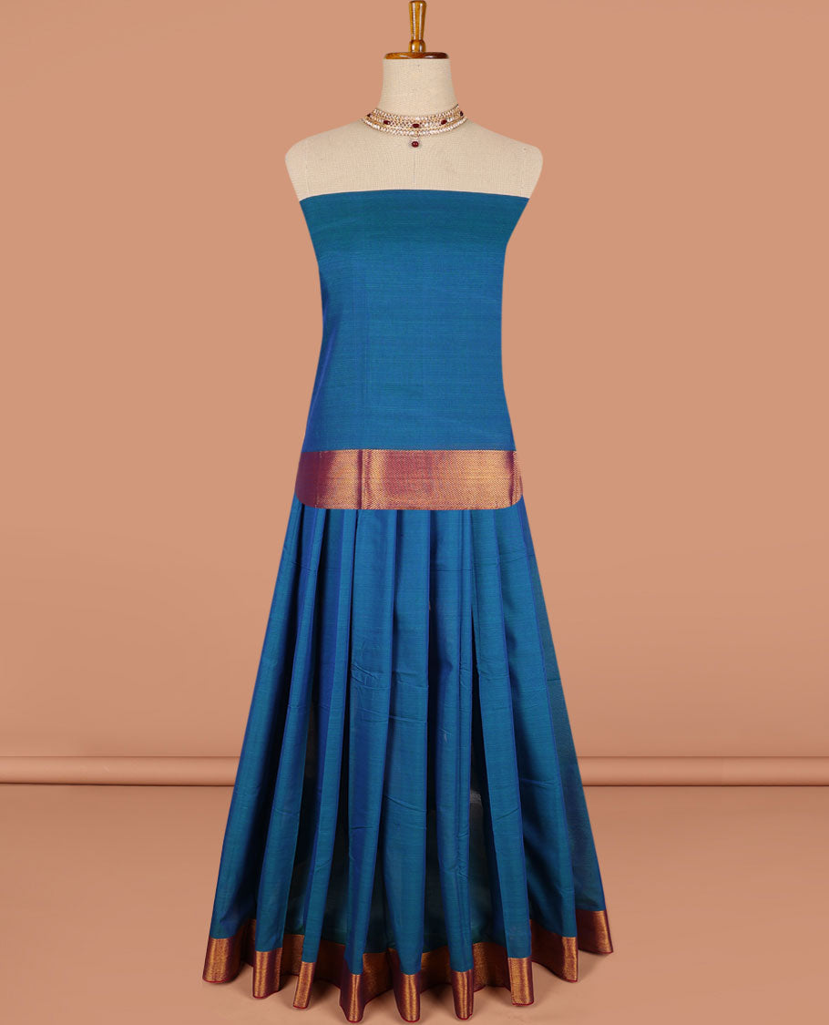 Blue cotton half saree contrast zari border with plain blouse & plain dhavani with zari designborder