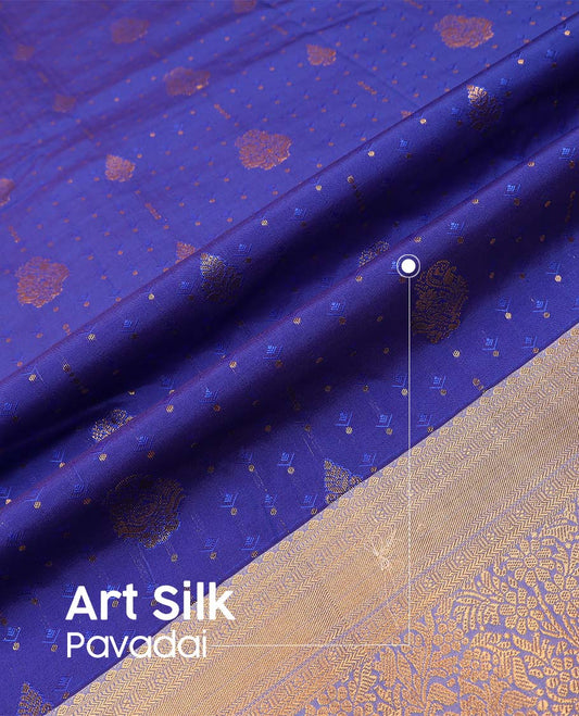 Navy blue art silk pavadai material, embossed with zari buttas woven skirt, contrast traditional zari border, and blouse