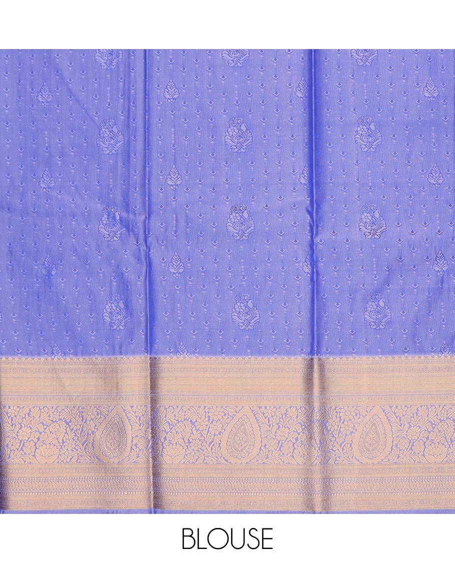 Navy blue art silk pavadai material, embossed with zari buttas woven skirt, contrast traditional zari border, and blouse