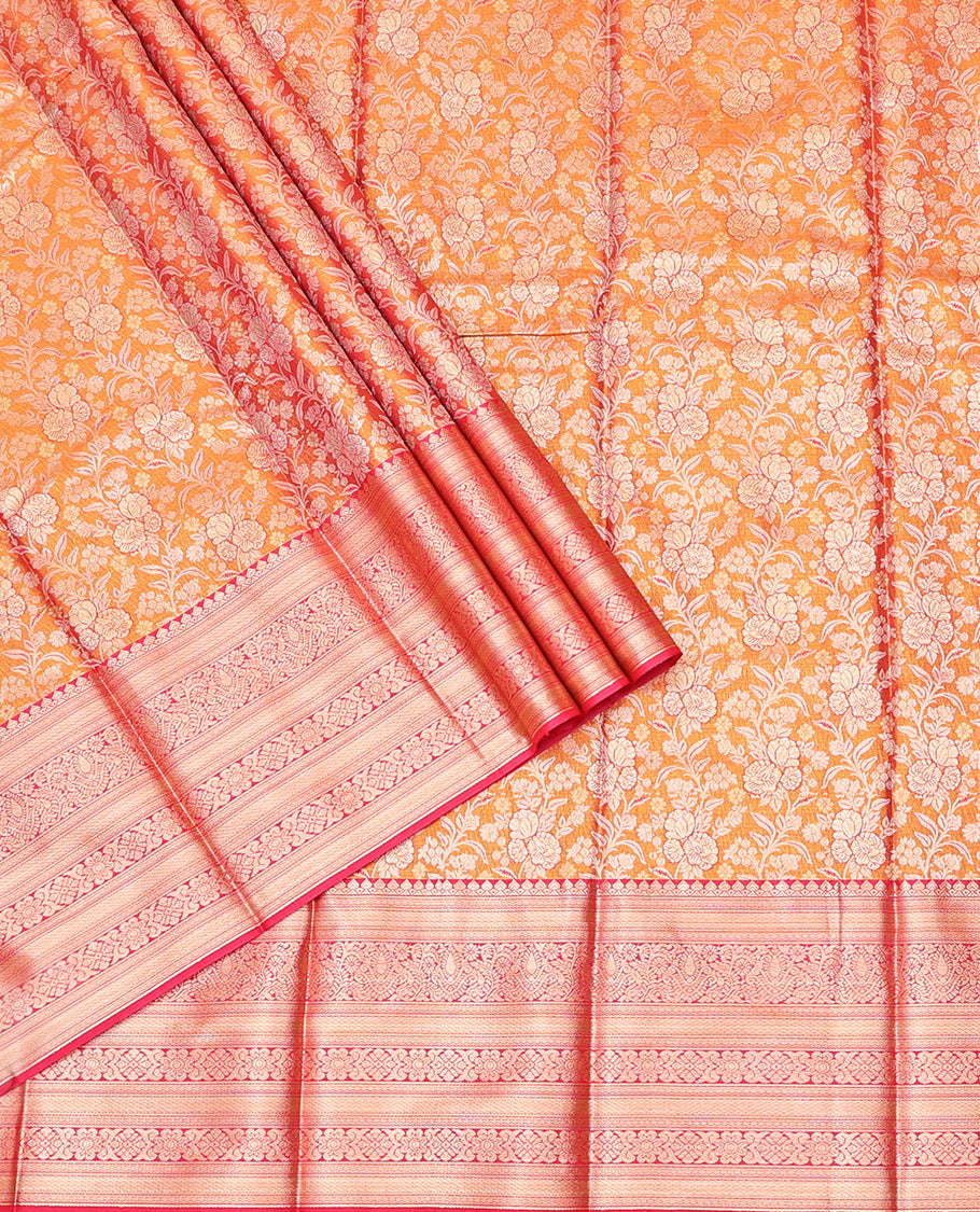 Orange Art Silk Half-Saree, Adorned with Floral Jacquard Design, Contrast Traditional Zari Border, and Paired with a Matching Blouse