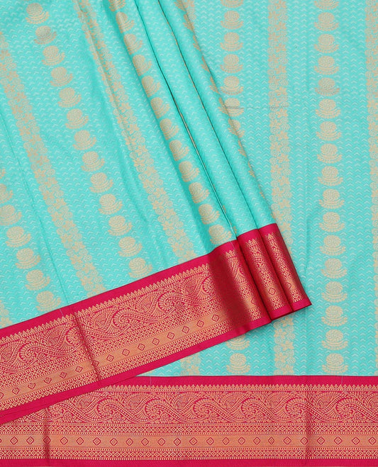 Turquoise Art Silk Pavadai Material Set Featuring Chevron and Floral Patterns on Its Skirt, Complemented by Contrast Traditional Zari Design Border, and Paired with a Contrast Blouse