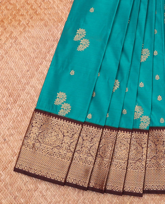 Blue Budget Silk Saree, Bedecked with Zari Buttas On Its Body, Complemented by Contrast Traditional Zari Design Border, Pallu of Peacock-Eye Designs, and Paired with a Contrast Blouse