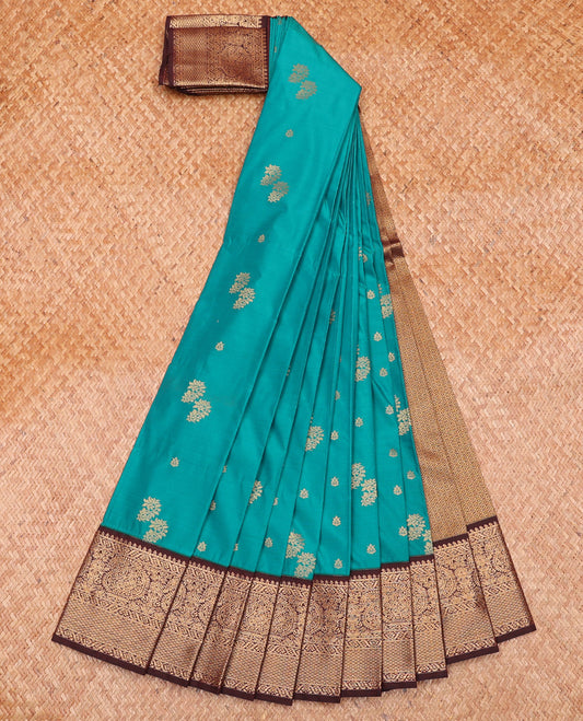 Blue Budget Silk Saree, Bedecked with Zari Buttas On Its Body, Complemented by Contrast Traditional Zari Design Border, Pallu of Peacock-Eye Designs, and Paired with a Contrast Blouse