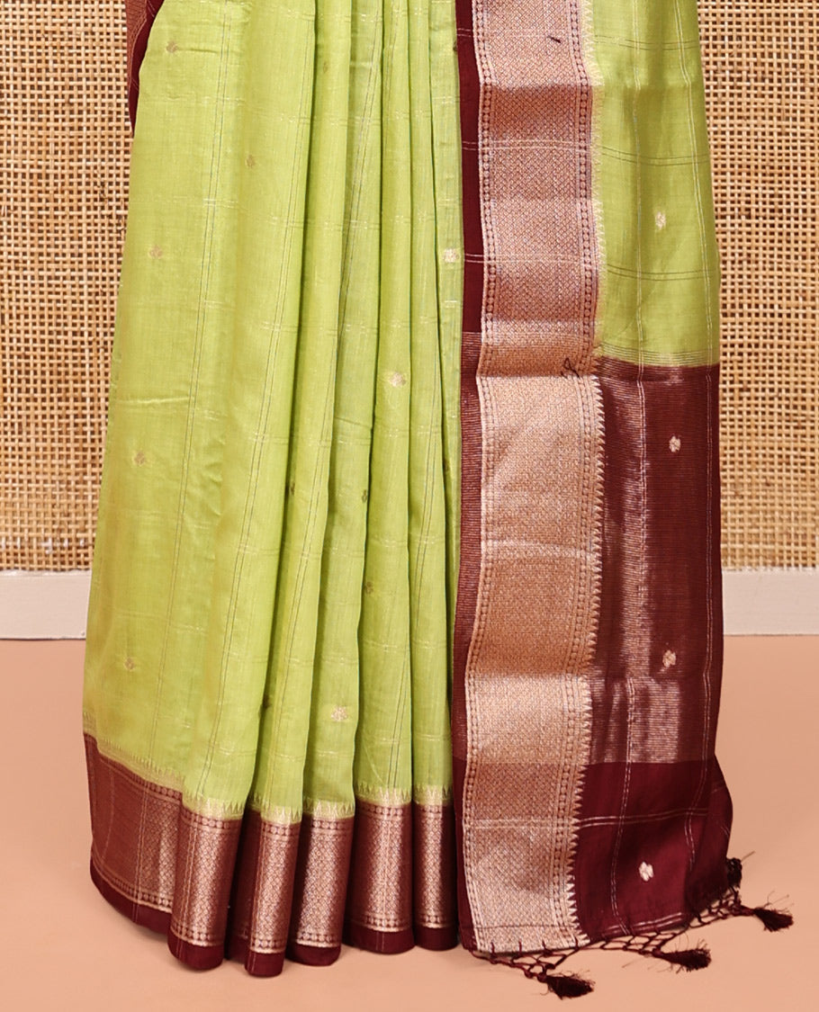 Green Assam Silk Saree, Adorned with Butta Enclosed Checks, Complemented by Contrast Traditional Zari Border, Gleaming Pallu, and Contrast Blouse
