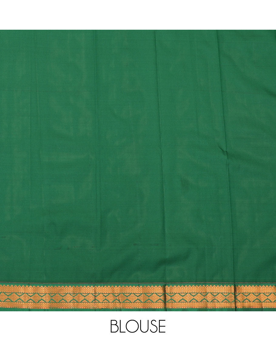 Green Budget Silk Saree Elevated with Zari Buttas, Featuring a Contrast Traditional Zari Design Small Border, Pallu Adorned with Floral Jaal Design, and a Contrast Blouse