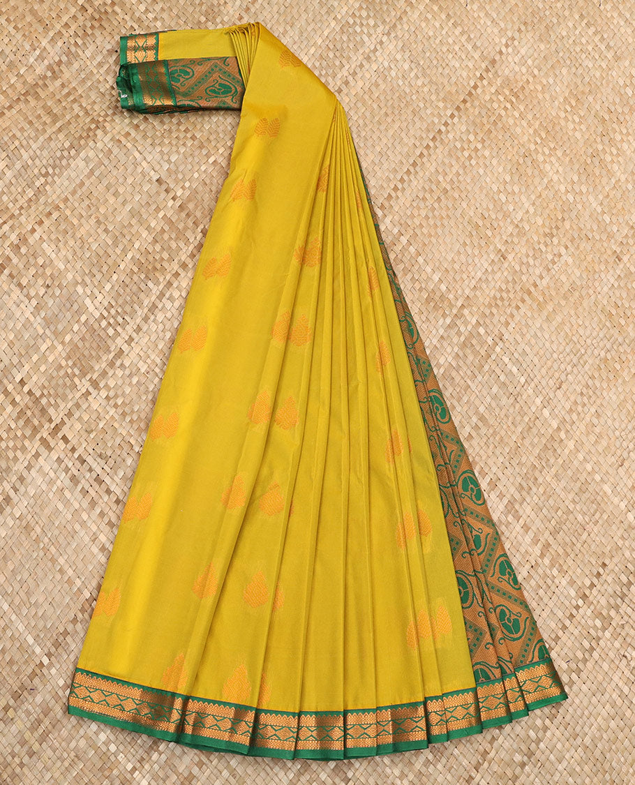 Green Budget Silk Saree Elevated with Zari Buttas, Featuring a Contrast Traditional Zari Design Small Border, Pallu Adorned with Floral Jaal Design, and a Contrast Blouse